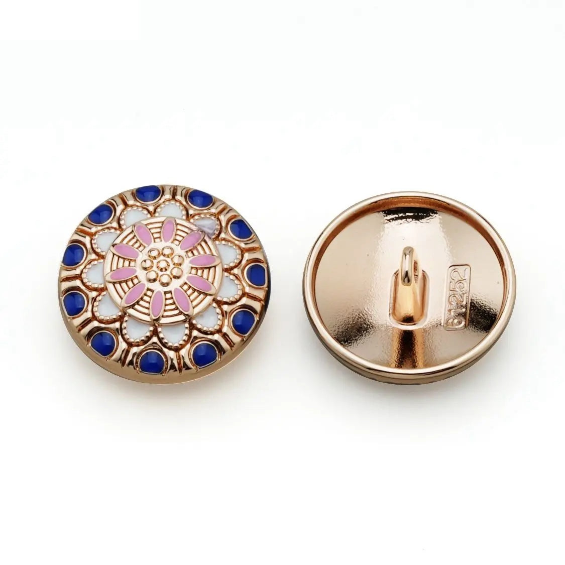 5PCs 20mm 25mm Round Metal Button in Gold Plating with Blue Pink Colour Design - two sizes
