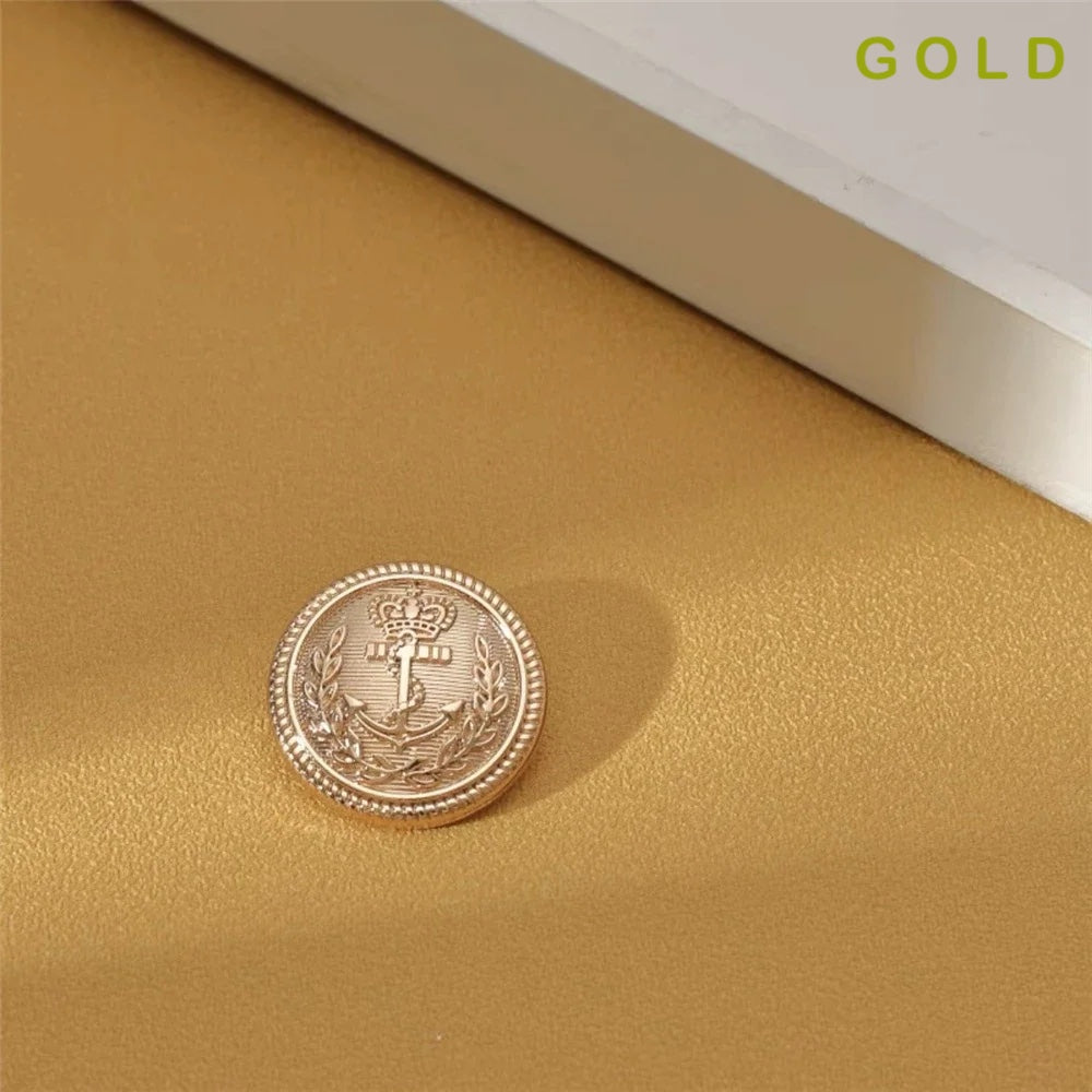 10PCs 15mm 20mm 25mm Gold Round Metal Button with Anchor Crown British Style Button