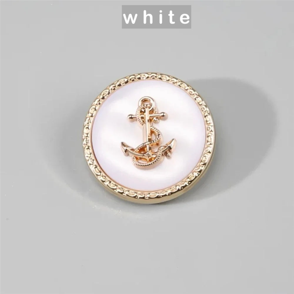 10PCs 15mm/25mm Round Anchor Design Metal Button with Gold Trim in Black or White Colour Shank Style Button