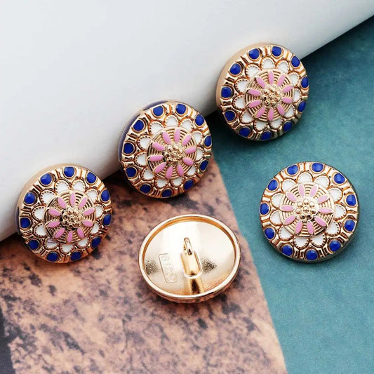 5PCs 20mm 25mm Round Metal Button in Gold Plating with Blue Pink Colour Design - two sizes