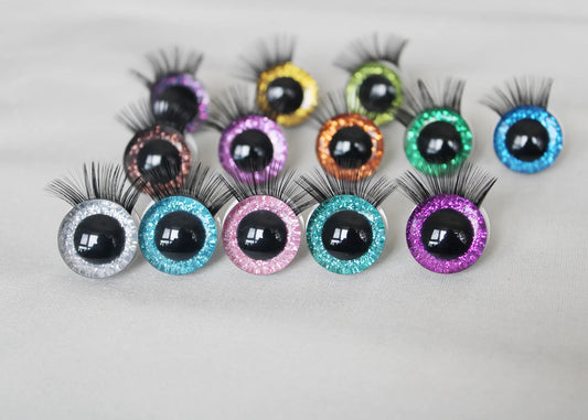 10Pairs Size 9mm-12mm-14mm-16mm-18mm Glitter Colour Safety Eyes with Black Eyelashes and Washers #DIY amigurumi plush stuffed doll toy making - colour option selection