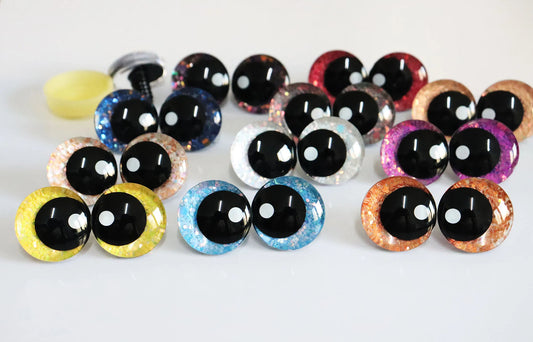 25mm 10Pairs Black Pupil 3D Cartoon Safety Eyes and a Dot Pupil Eyes in assorted back Glitter Colours & Washer #DIY amigurumi plush making