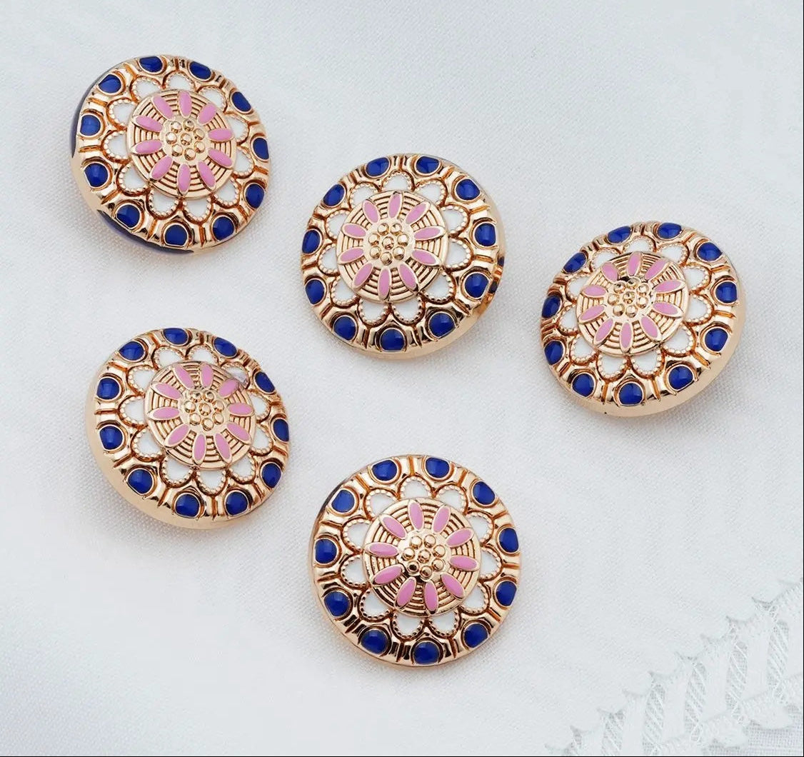 5PCs 20mm 25mm Round Metal Button in Gold Plating with Blue Pink Colour Design - two sizes