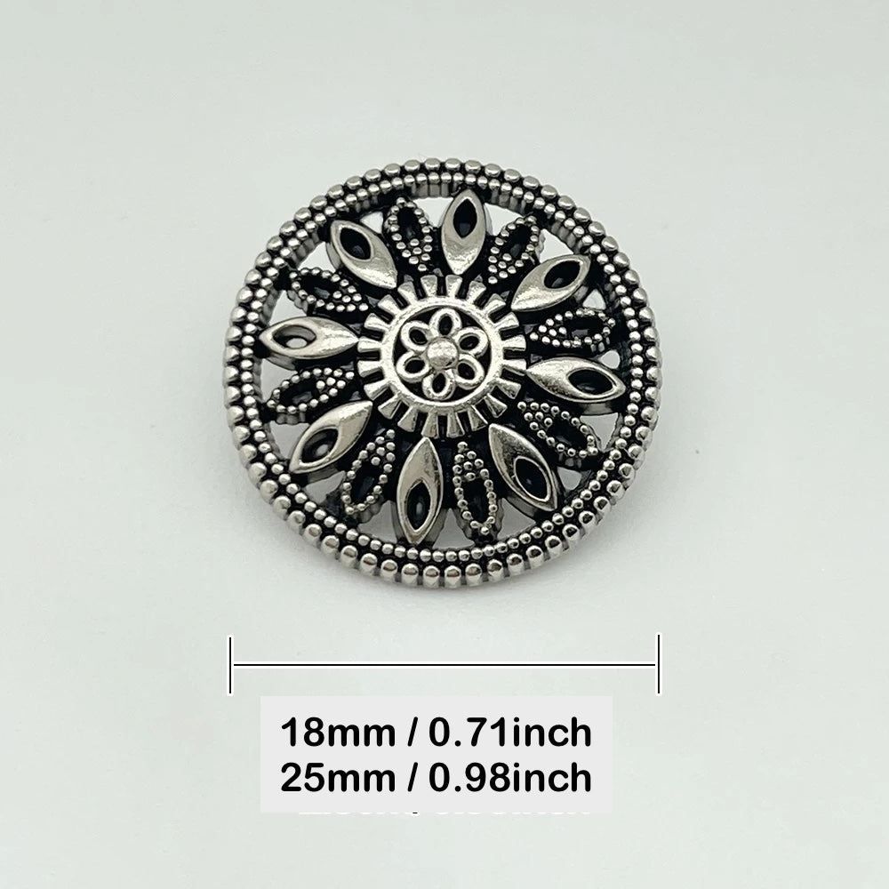 10PCs 18mm 25mm Round Metal Button Shank Type in Bronze or Silver Design with Hollow Floral Pattern