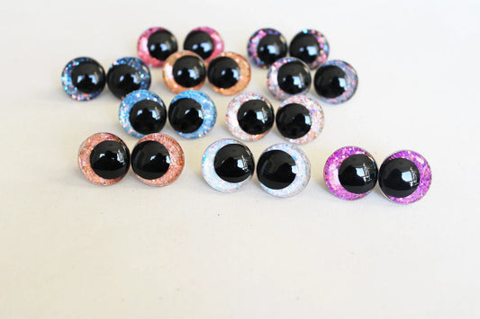 5Pairs Size 12-14-16-18-20-23-28mm Cartoon Round Glitter Safety Eyes with washer and glitter fabric #DIY amigurumi plush making
