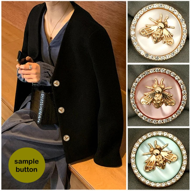 6PCs 18mm 25mm Gold Bee Retro Rhinestone Round Metal Shank Button #Coat #Dress #DIY Sewing Needlework