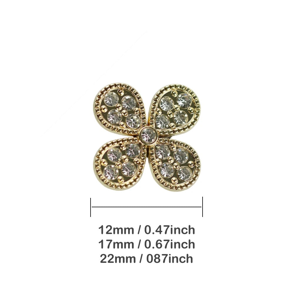 10PCs 12mm 17mm 22mm Rhinestone Metal Shank Button in Gold and Silver Style Clover Leaf