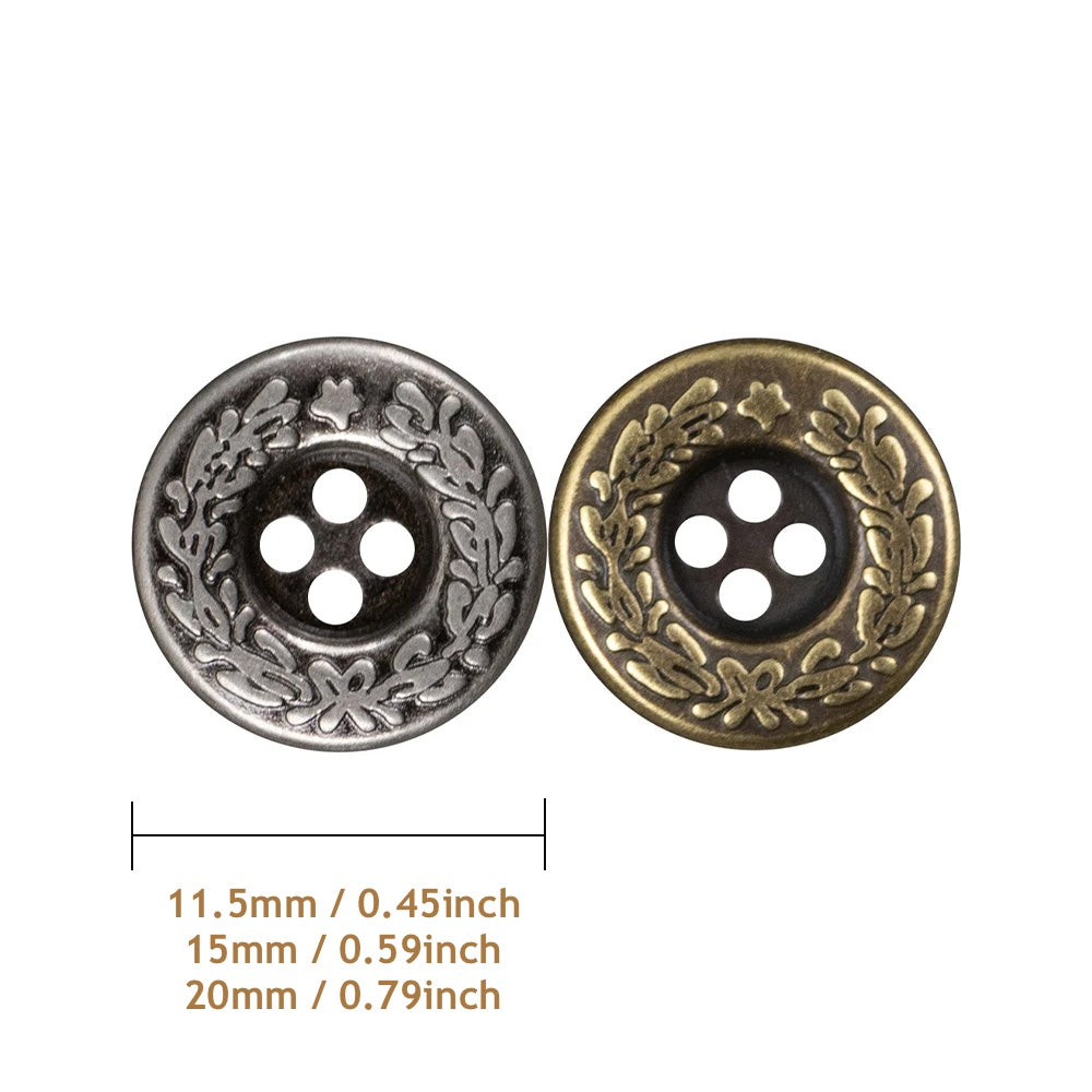 11.5mm 15mm 20mm 10PCs Round Metal Button in Bronze Silver Style 4-Hole Flat Back Buttons