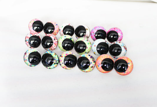 10Pairs Size 12-14-16-18-20-23-28mm Round Glitter Cartoon Safety Eyes with Washer + glitter colour #side way eyes #amigurumi plush toy doll making