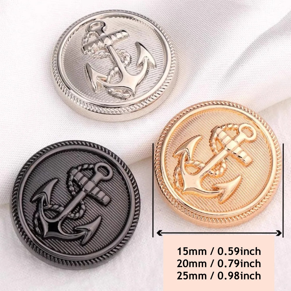 15mm 20mm 25mm 10PCs - Round Metal Button with Anchor Design in Black Silver Gold Shank Button