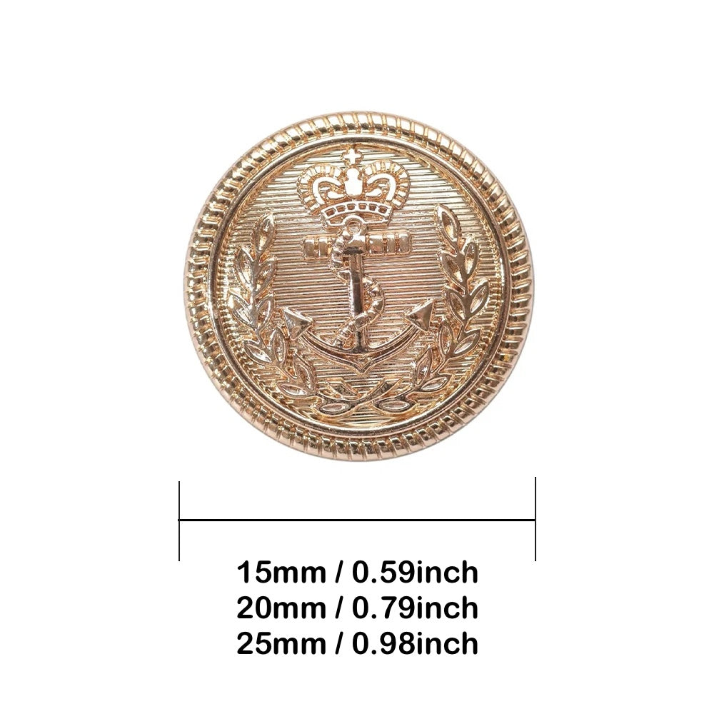10PCs 15mm 20mm 25mm Gold Round Metal Button with Anchor Crown British Style Button