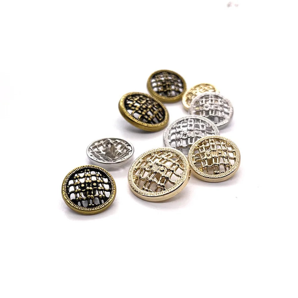10PCs 18mm 23mm Round Metal Button Shank Type in Gold or Silver Design with Hollow Grid Patterns