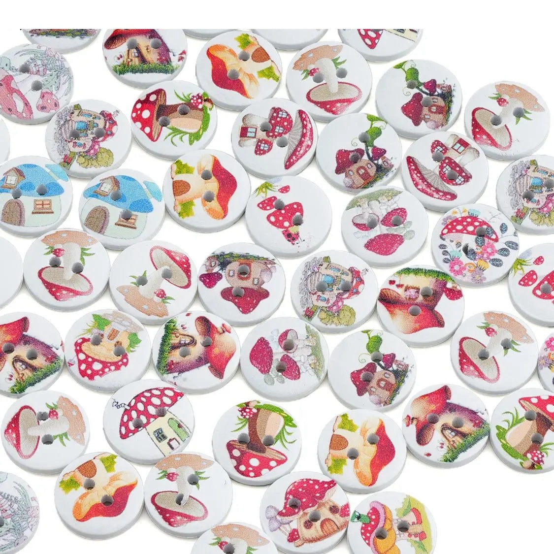 15mm 50PCs Round Wood Button Painted Colourful Mushroom for Scrapbooking Sewing