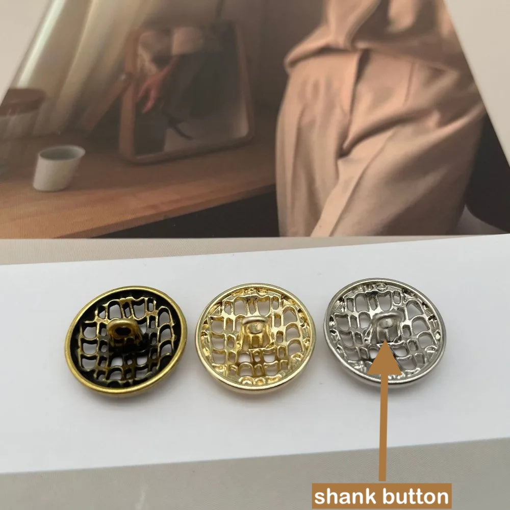 10PCs 18mm 23mm Round Metal Button Shank Type in Gold or Silver Design with Hollow Grid Patterns
