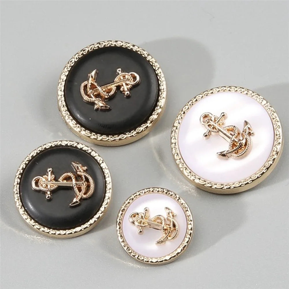 10PCs 15mm/25mm Round Anchor Design Metal Button with Gold Trim in Black or White Colour Shank Style Button