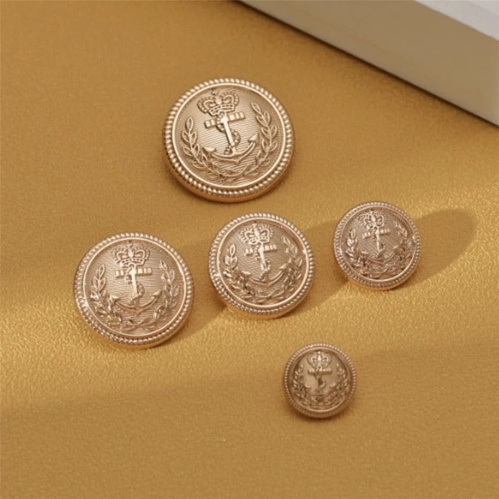 10PCs 15mm 20mm 25mm Gold Round Metal Button with Anchor Crown British Style Button