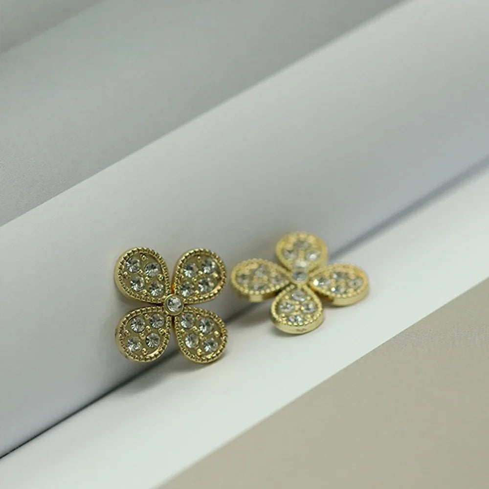 10PCs 12mm 17mm 22mm Rhinestone Metal Shank Button in Gold and Silver Style Clover Leaf