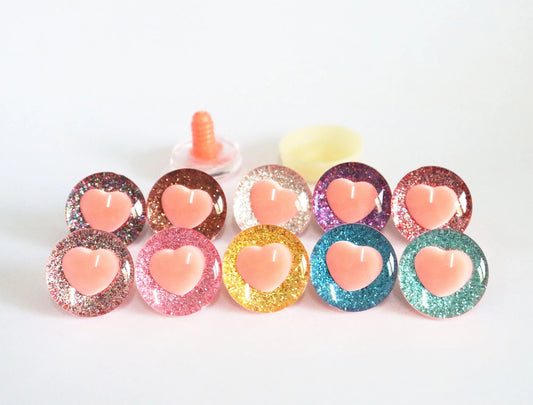 10Pairs Size 25mm Heart Shape Pupil Safety Eyes-Peach Style with Glitter Colours and Washer for DIY amigurumi plush stuffed doll toy making