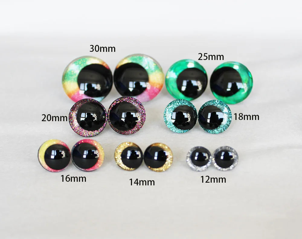 10Pairs Size 12-14-16-18-20mm Cartoon 3D Glitter Plush Amigurumi Funny Toy Safety Eyes Black Pupil Eyes with Washer & Glitter Colour
