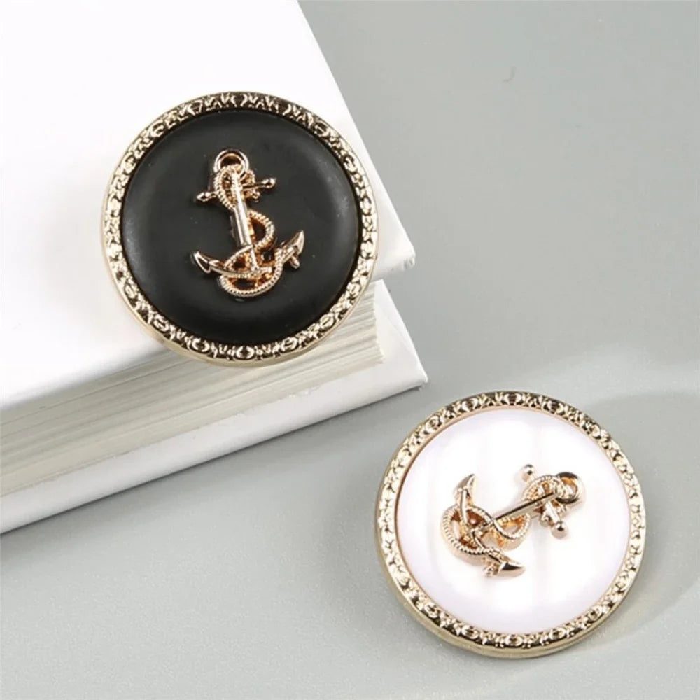 10PCs 15mm/25mm Round Anchor Design Metal Button with Gold Trim in Black or White Colour Shank Style Button