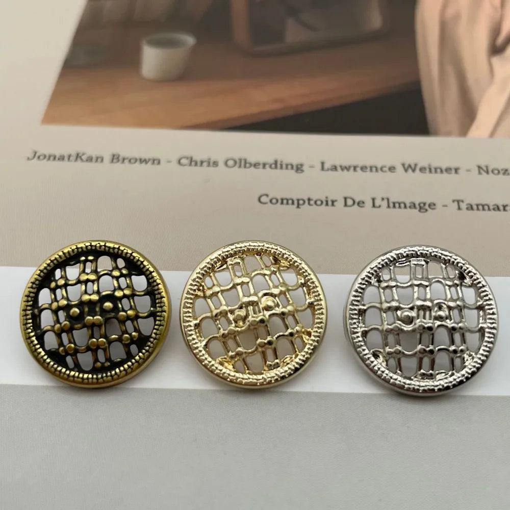 10PCs 18mm 23mm Round Metal Button Shank Type in Gold or Silver Design with Hollow Grid Patterns