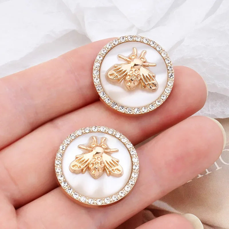 6PCs 18mm 25mm Gold Bee Retro Rhinestone Round Metal Shank Button #Coat #Dress #DIY Sewing Needlework