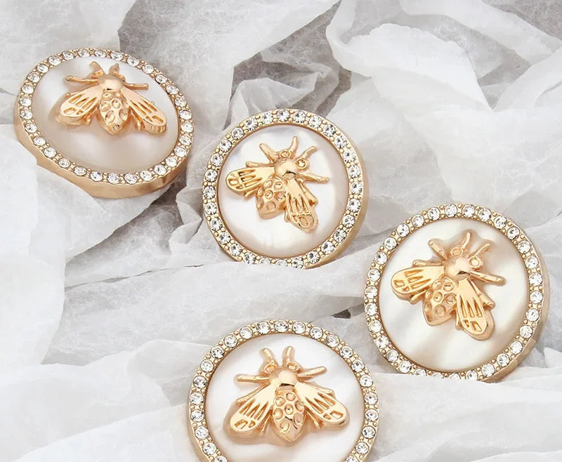 6PCs 18mm 25mm Gold Bee Retro Rhinestone Round Metal Shank Button #Coat #Dress #DIY Sewing Needlework