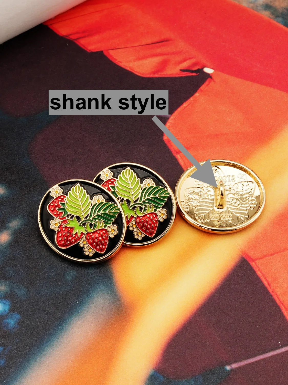 22mm 5 Pieces Red Strawberry Design Metal Button in Shank Style - 1 size