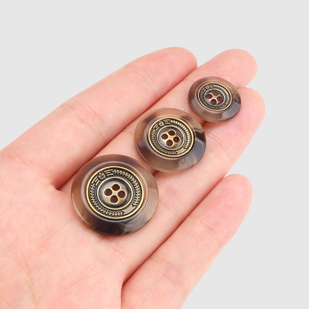16mm 21mm 25mm 10PCs Resin-Metal Blend Round 4-Hole in Brown or Black or White Style #DIY clothing sewing blazer cardigan jacket coat button