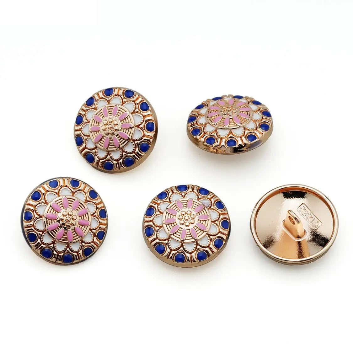 5PCs 20mm 25mm Round Metal Button in Gold Plating with Blue Pink Colour Design - two sizes