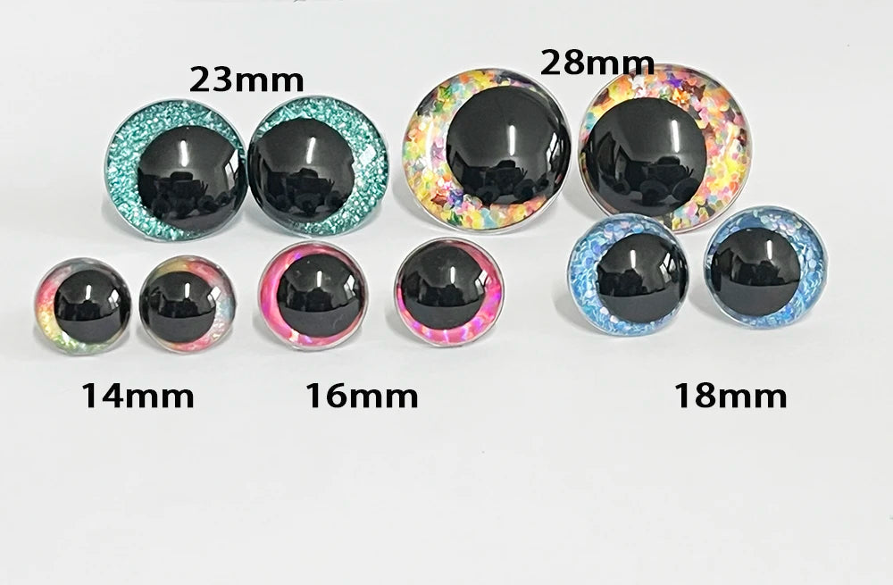 10Pairs Size 14mm 16mm 18mm 23mm 28mm Cartoon Round Glitter Funny Safety Eyes with Glitter Colour and Washer #side way eyes #DIY animal plush stuffed amigurumi making