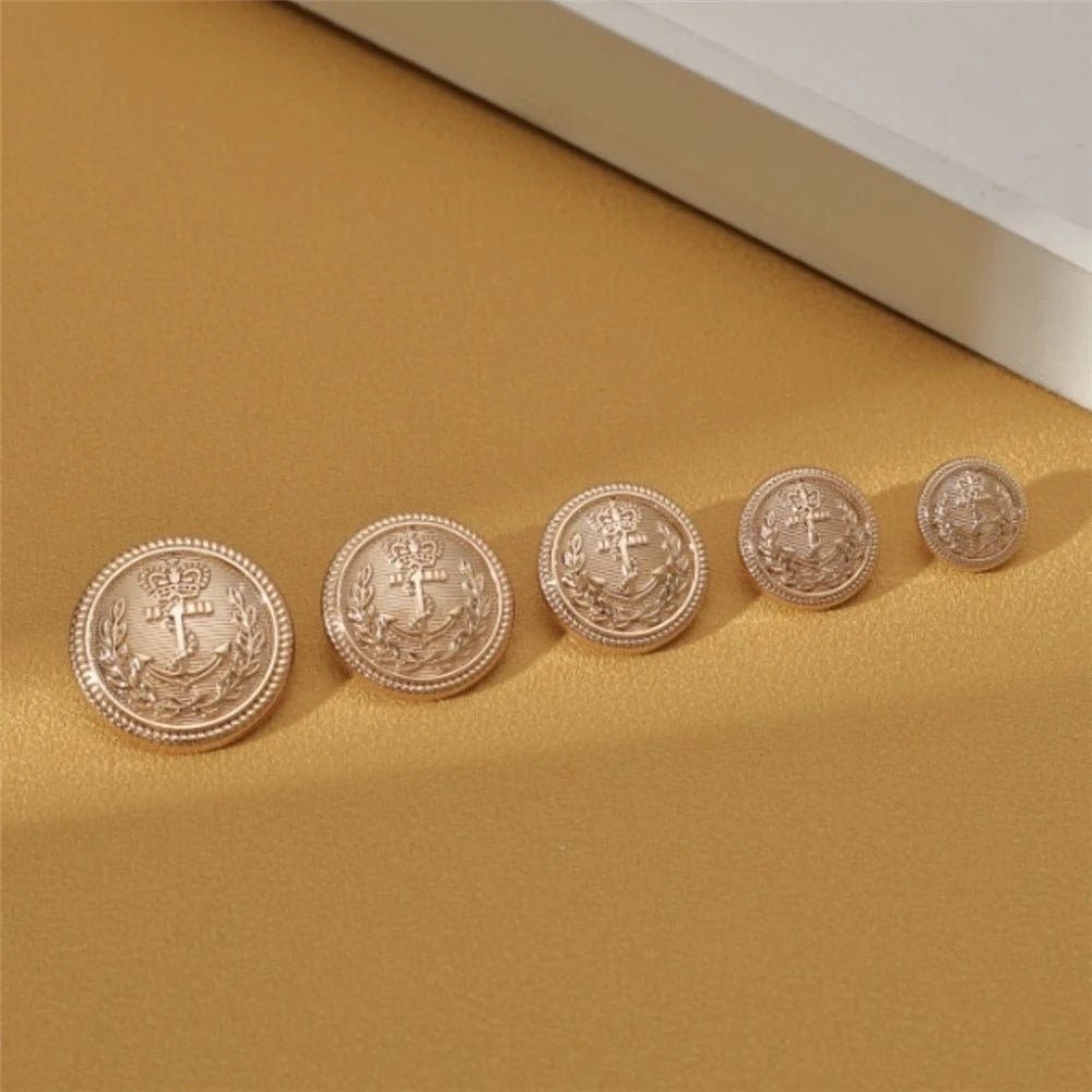 10PCs 15mm 20mm 25mm Gold Round Metal Button with Anchor Crown British Style Button