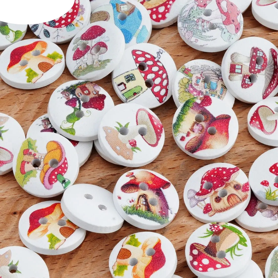 15mm 50PCs Round Wood Button Painted Colourful Mushroom for Scrapbooking Sewing