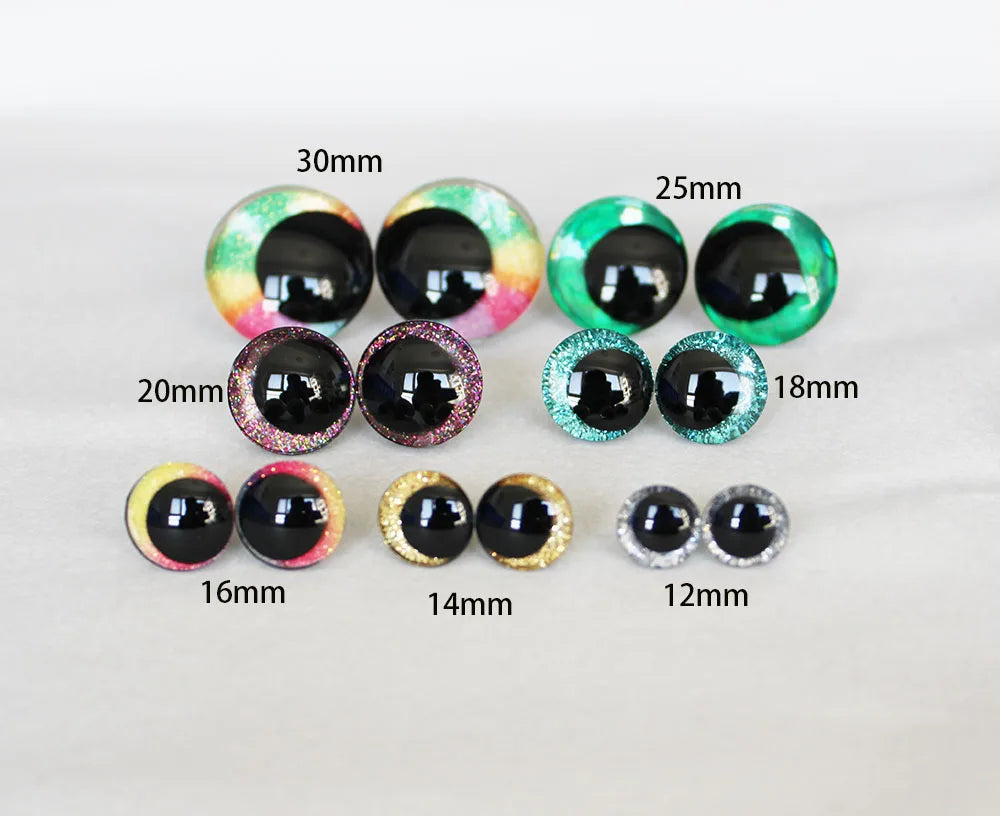 10Pairs Size 12-14-16-18-20-25-35-40mm Cartoon 3D Glitter Funny Toy Safety Eyes with glitter colour & washer #DIY Amigurumi Plush Stuffed making