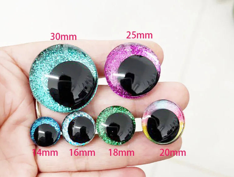 10Pairs Size 14-16-18-20-25-30-35mm Cartoon 3D Round Glitter Plush Funny Toy Safety Eyes with White Pupil Eyes with Glitter Colour and Washer #DIY amigurumi stuffed making