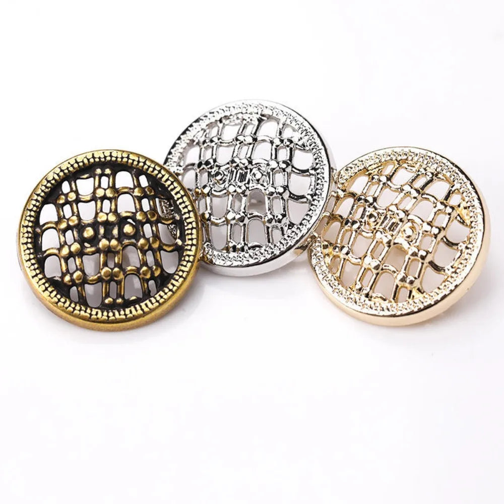 10PCs 18mm 23mm Round Metal Button Shank Type in Gold or Silver Design with Hollow Grid Patterns