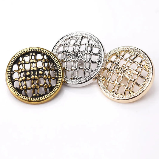10PCs 18mm 23mm Round Metal Button Shank Type in Gold or Silver Design with Hollow Grid Patterns