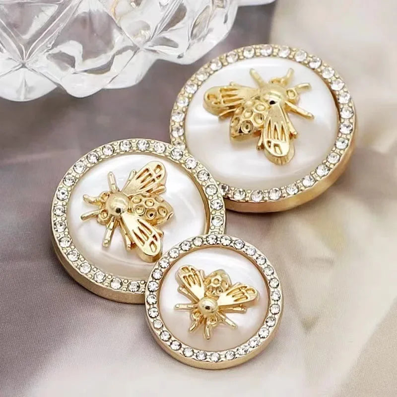 6PCs 18mm 25mm Gold Bee Retro Rhinestone Round Metal Shank Button #Coat #Dress #DIY Sewing Needlework