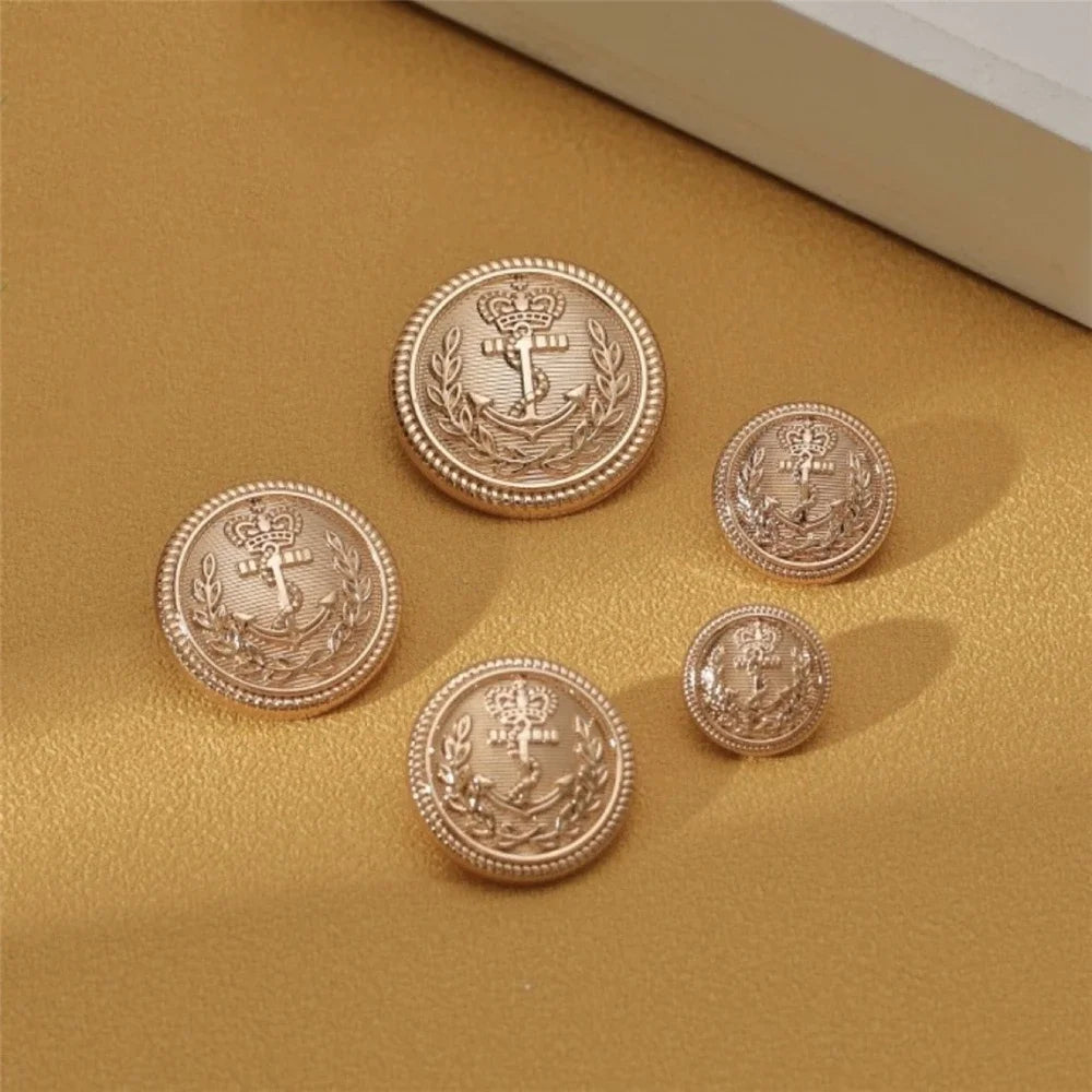 10PCs 15mm 20mm 25mm Gold Round Metal Button with Anchor Crown British Style Button