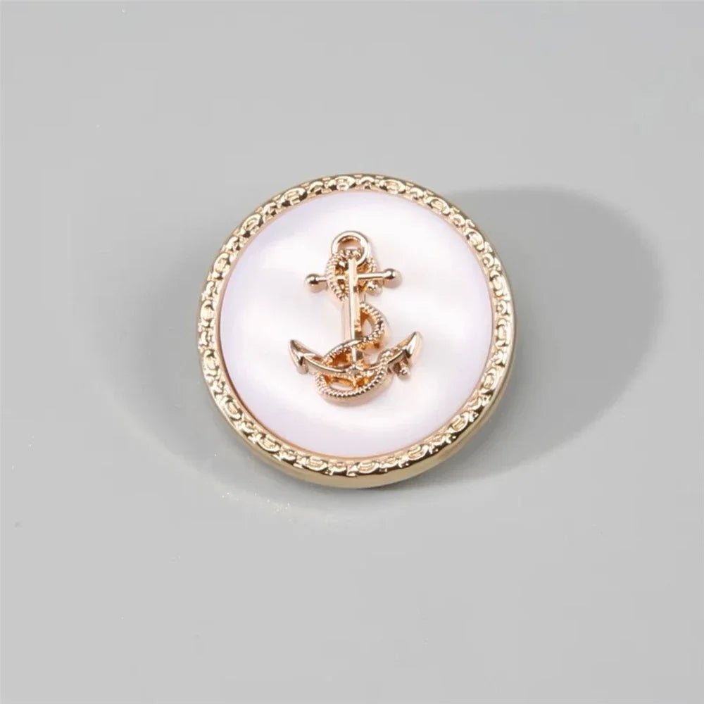 10PCs 15mm/25mm Round Anchor Design Metal Button with Gold Trim in Black or White Colour Shank Style Button