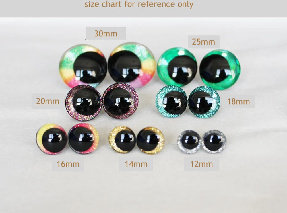 10Pairs Size 12-14-16-18-20-25-30-35-40mm Cartoon 3D Glitter Plush Amigurumi Funny Eyes Safety Eyes Black Pupil Eyes with Washer