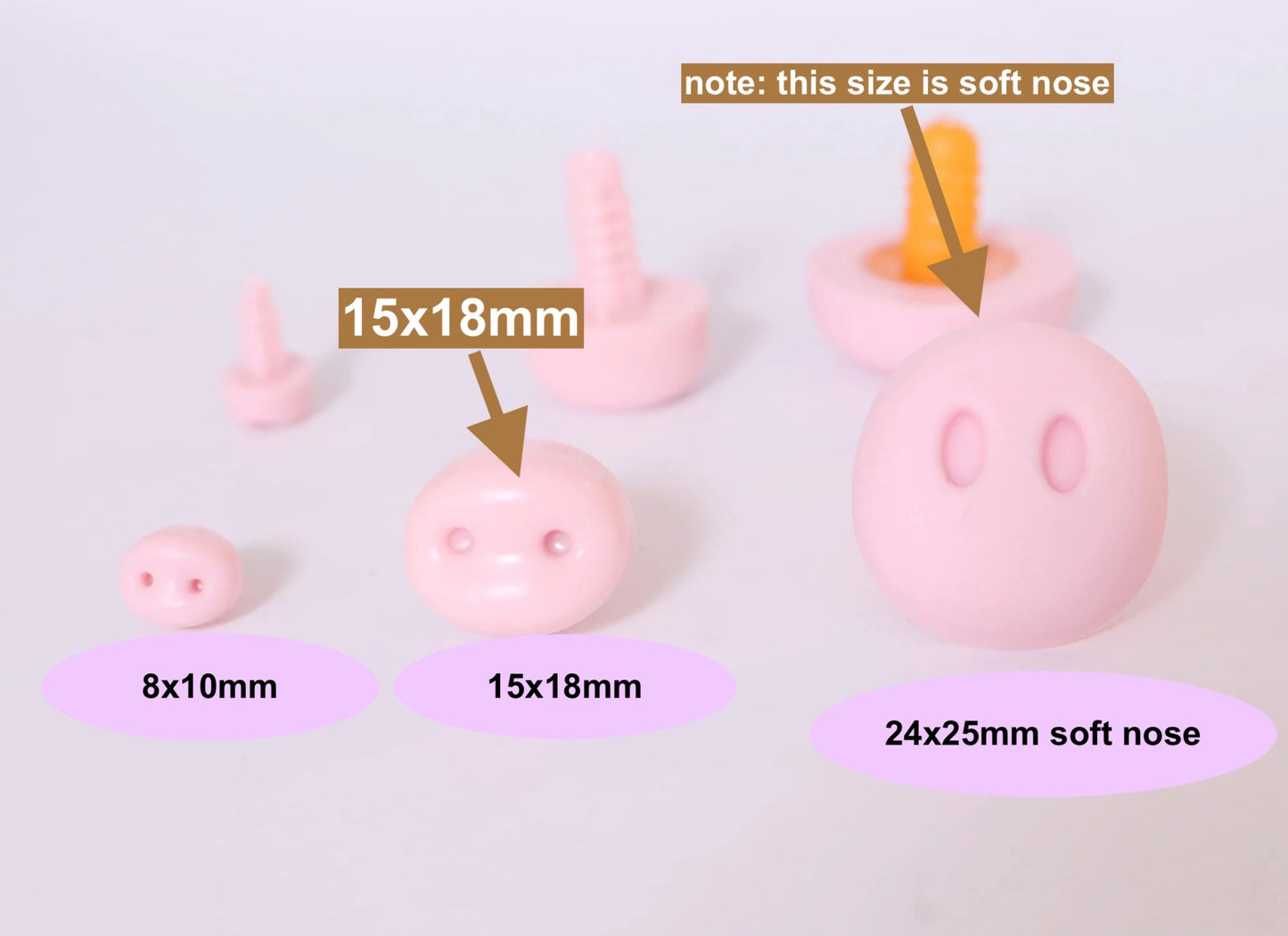 8x10mm/15x18mm/24x25mm Knitted Stuffed Pig Plastic Pink Safety Nose with Washers, 50PCs