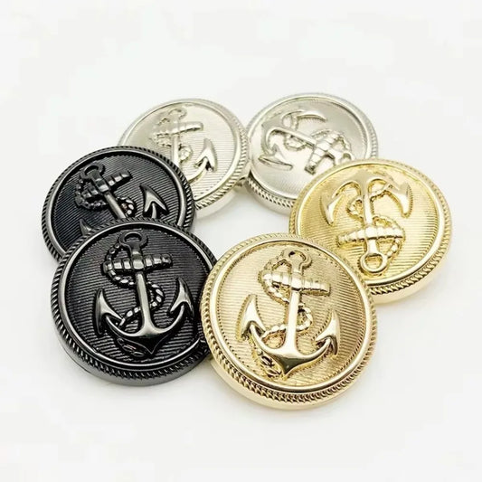 15mm 20mm 25mm 10PCs - Round Metal Button with Anchor Design in Black Silver Gold Shank Button