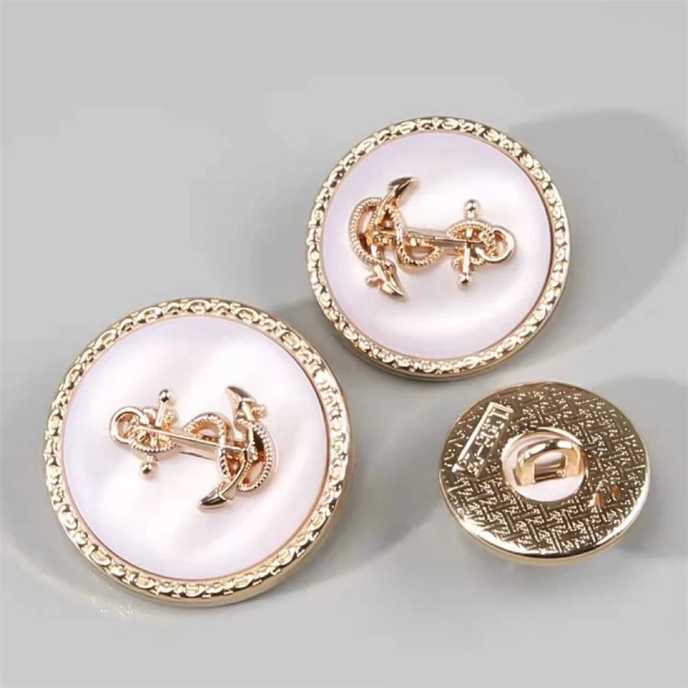 10PCs 15mm/25mm Round Anchor Design Metal Button with Gold Trim in Black or White Colour Shank Style Button