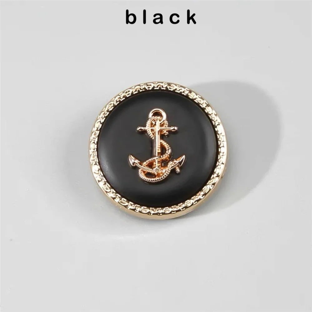 10PCs 15mm/25mm Round Anchor Design Metal Button with Gold Trim in Black or White Colour Shank Style Button