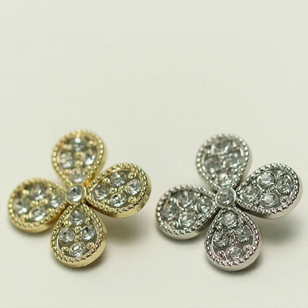 10PCs 12mm 17mm 22mm Rhinestone Metal Shank Button in Gold and Silver Style Clover Leaf