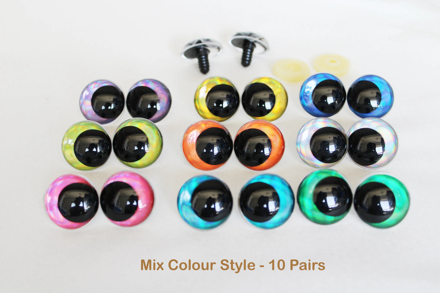 10Pairs Size 14mm 16mm 18mm 23mm 28mm Cartoon Round Glitter Funny Safety Eyes with Glitter Colour and Washer #side way eyes #DIY animal plush stuffed amigurumi making