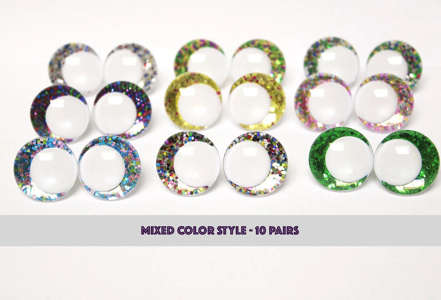 10Pairs Size 14-16-18-20-25-30-35mm Cartoon 3D Round Glitter Plush Funny Toy Safety Eyes with White Pupil Eyes with Glitter Colour and Washer #DIY amigurumi stuffed making