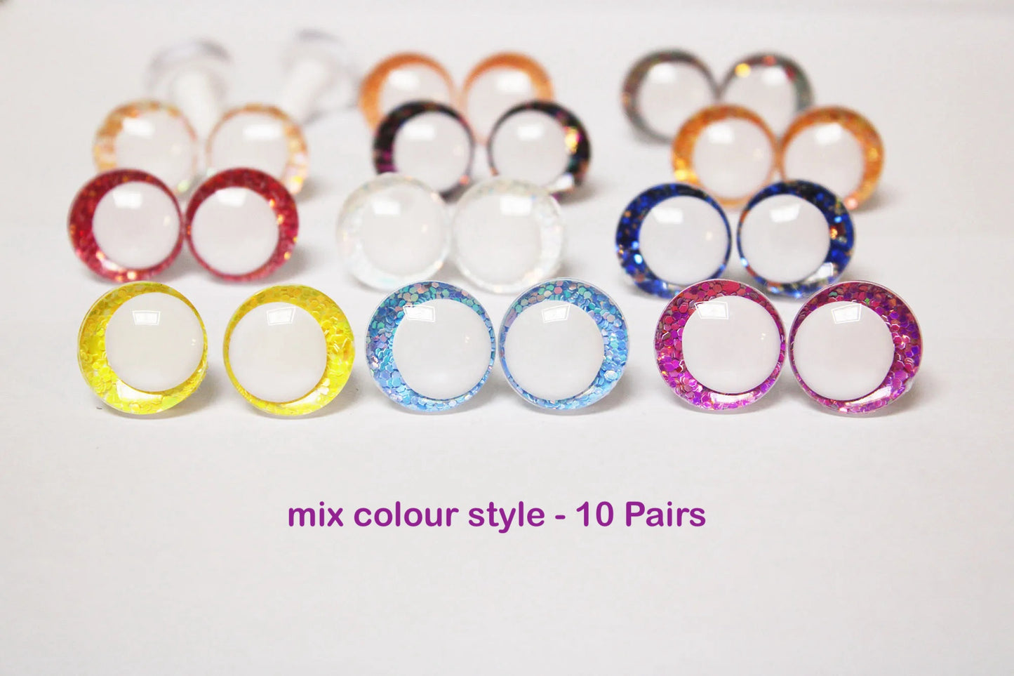10Pairs Size 14-16-18-20-25-30-35mm Cartoon 3D Round Glitter Plush Funny Toy Safety Eyes with White Pupil Eyes and Glitter Colour and Washer #DIY amigurumi stuffed making