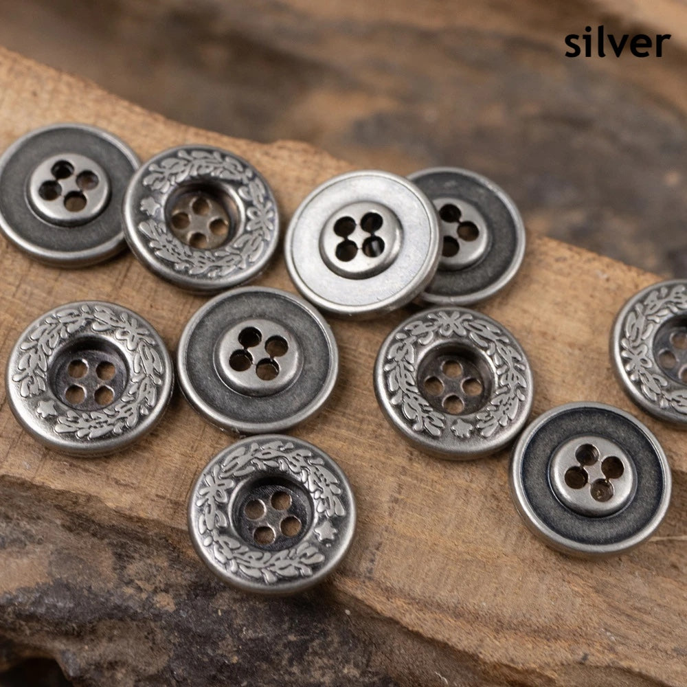 11.5mm 15mm 20mm 10PCs Round Metal Button in Bronze Silver Style 4-Hole Flat Back Buttons